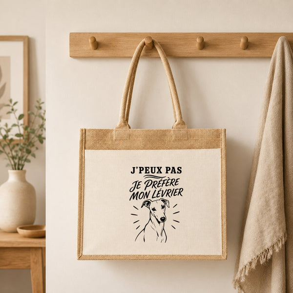 Sac Cabas Jute avec Poche J’peux pas je préfère mon Lévrier
