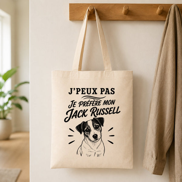 Tote Bag Beige J’peux pas je préfère mon Jack Russell