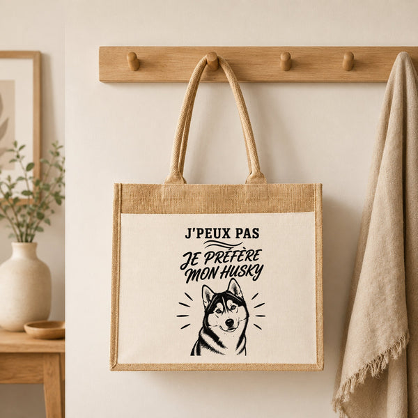 Sac Cabas Jute avec Poche J’peux pas je préfère mon Husky