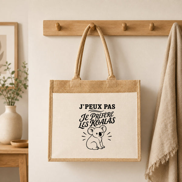 Sac Cabas Jute avec Poche J’peux pas je préfère les Koalas