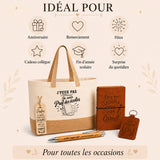Coffret Cadeau J’peux pas je suis Prof des écoles – Sac jute, carnet, stylo, porte-clés et marque-page