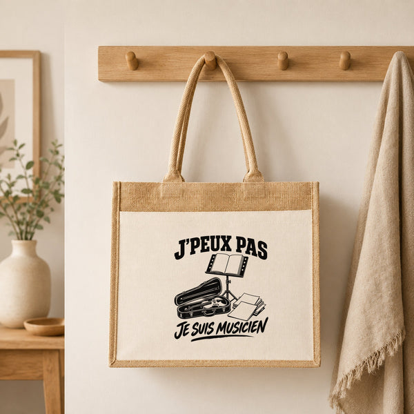 Sac Cabas Jute avec Poche J’peux pas je suis Musicien