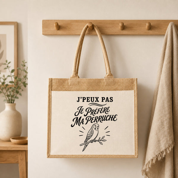 Sac Cabas Jute avec Poche J’peux pas je préfère ma Perruche