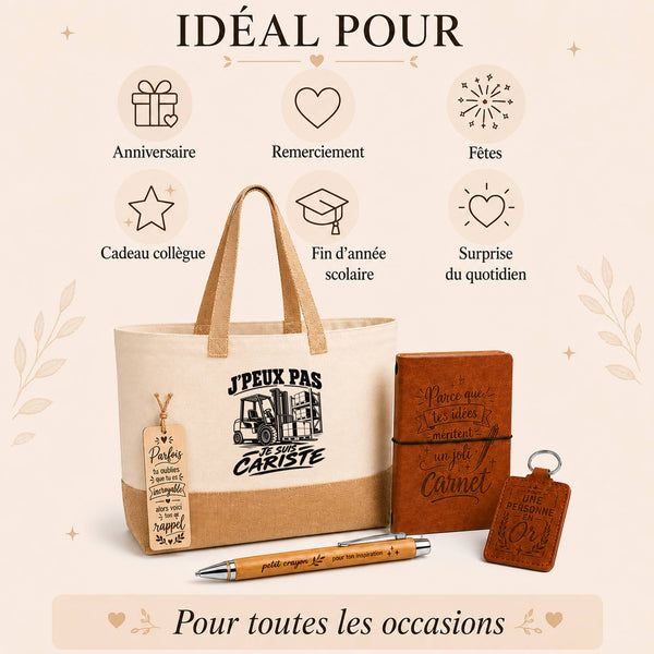 Coffret Cadeau J’peux pas je suis Cariste – Sac jute, carnet, stylo, porte-clés et marque-page
