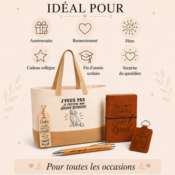 Coffret Cadeau J’peux pas je préfère mon Golden Retriever – Sac jute, carnet, stylo, porte-clés et marque-page