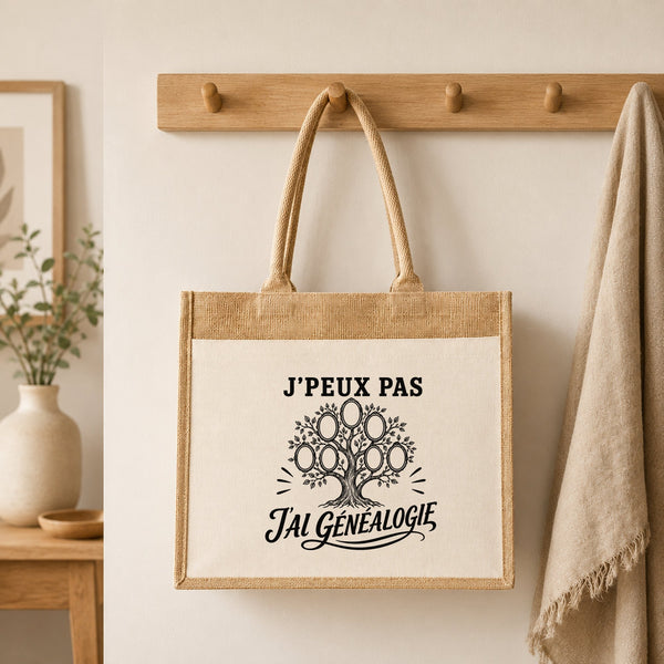 Sac Cabas Jute avec Poche J’peux pas j’ai Généalogie