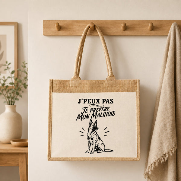 Sac Cabas Jute avec Poche J’peux pas je préfère mon Malinois