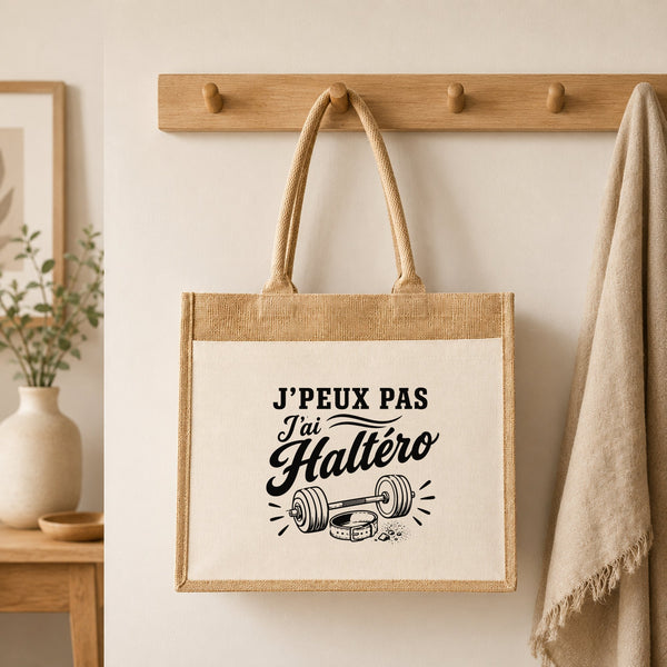 Sac Cabas Jute avec Poche J’peux pas j’ai Haltéro