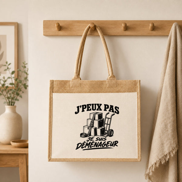 Sac Cabas Jute avec Poche J’peux pas je suis Déménageur