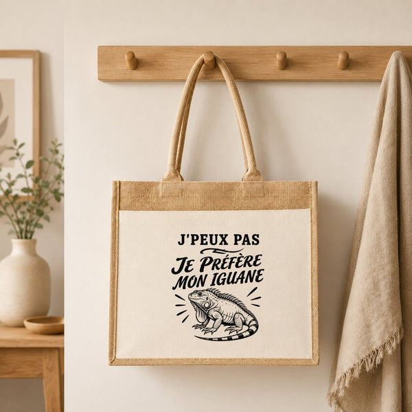 Sac Cabas Jute avec Poche J’peux pas je préfère mon Iguane