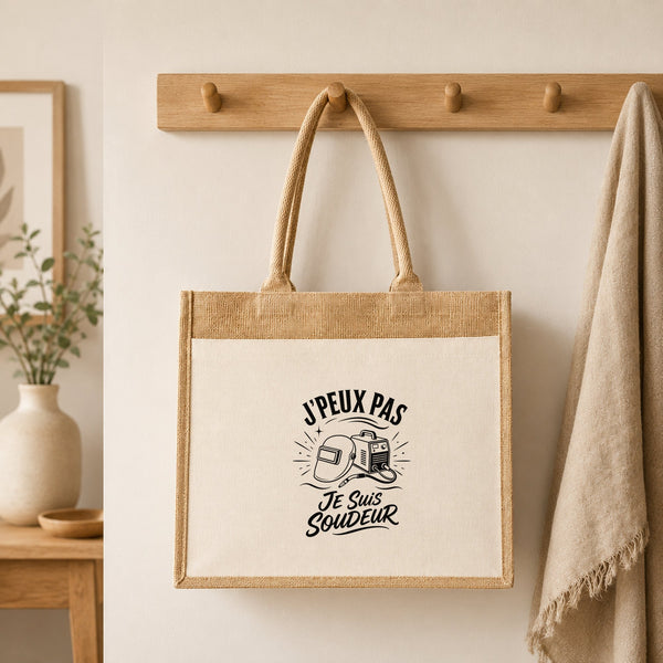 Sac Cabas Jute avec Poche J’peux pas je suis Soudeur