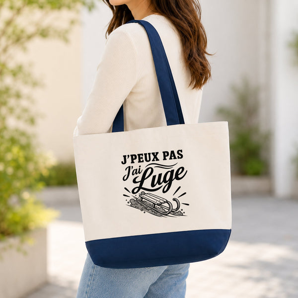 Grand Sac Cabas Fond Bleu J’peux pas j’ai Luge