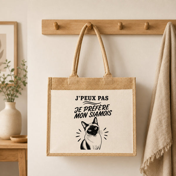 Sac Cabas Jute avec Poche J’peux pas je préfère mon Siamois