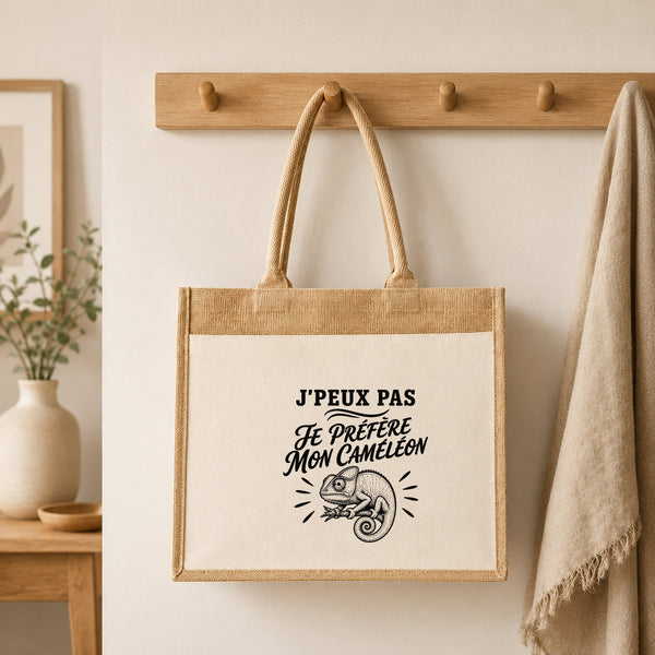 Sac Cabas Jute avec Poche J’peux pas je préfère mon Caméléon