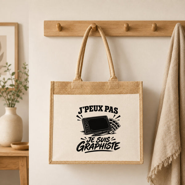 Sac Cabas Jute avec Poche J’peux pas je suis Graphiste