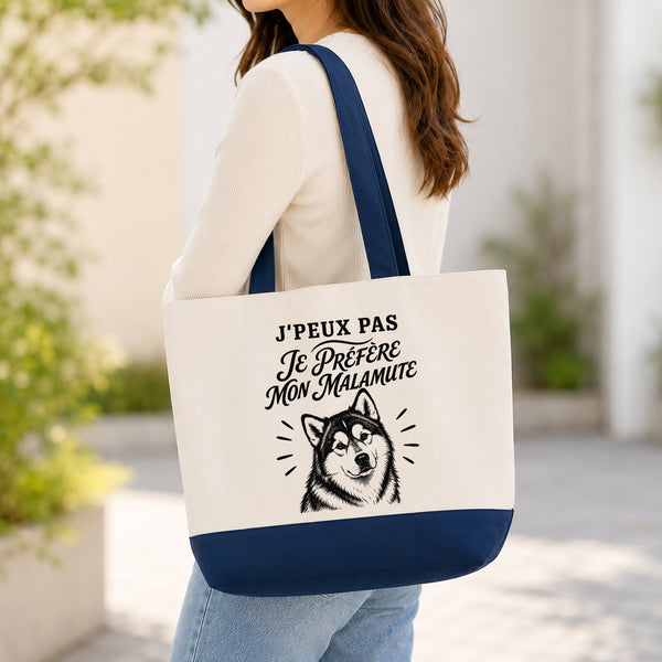 Grand Sac Cabas Fond Bleu J’peux pas je préfère mon Malamute