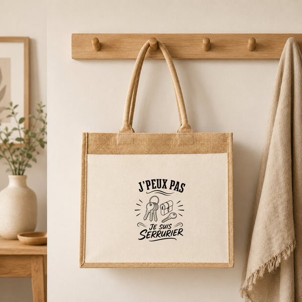 Sac Cabas Jute avec Poche J’peux pas je suis Serrurier