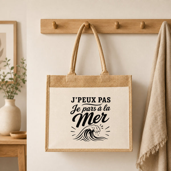 Sac Cabas Jute avec Poche J’peux pas je pars à la Mer