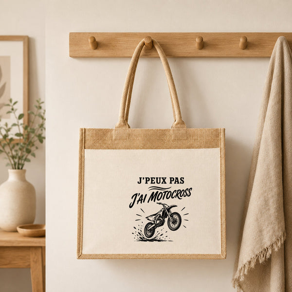 Sac Cabas Jute avec Poche J’peux pas j’ai Motocross