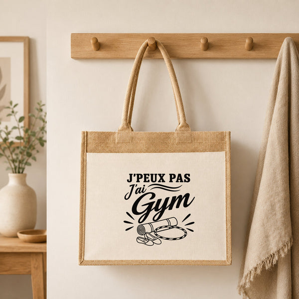 Sac Cabas Jute avec Poche J’peux pas j’ai Gym