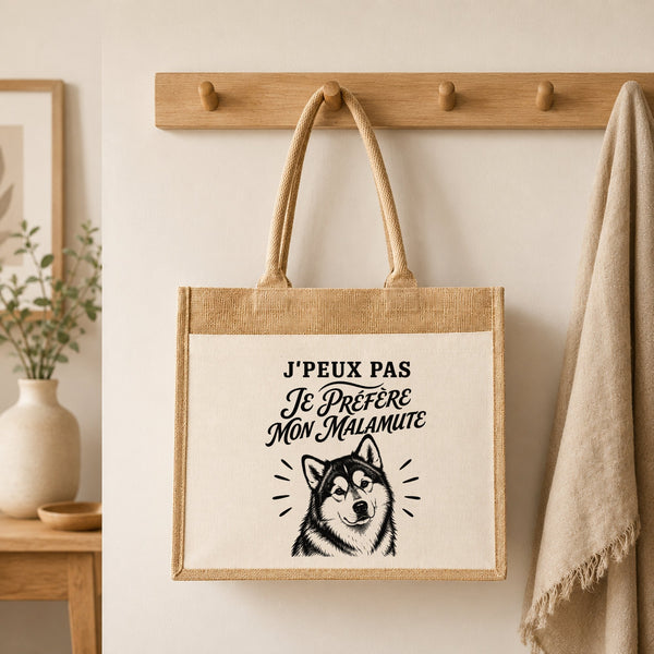 Sac Cabas Jute avec Poche J’peux pas je préfère mon Malamute