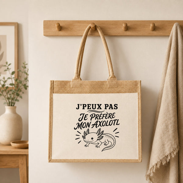 Sac Cabas Jute avec Poche J’peux pas je préfère mon Axolotl