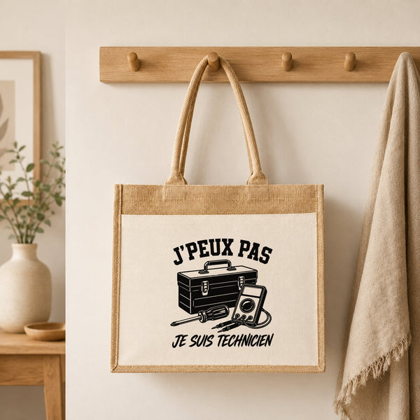 Sac Cabas Jute avec Poche J’peux pas je suis Technicien