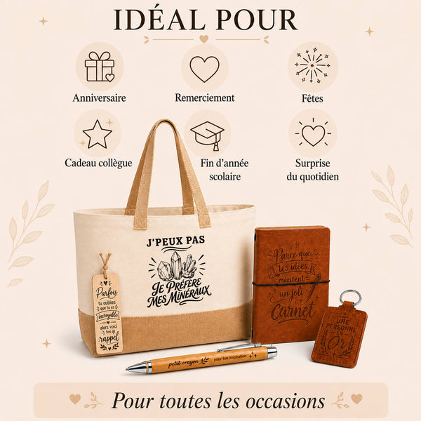Coffret Cadeau J’peux pas je préfère mes Minéraux – Sac jute, carnet, stylo, porte-clés et marque-page