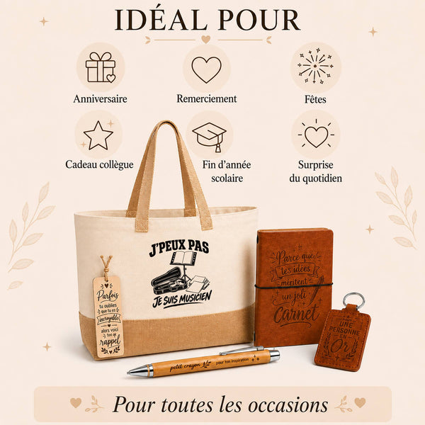 Coffret Cadeau J’peux pas je suis Musicien – Sac jute, carnet, stylo, porte-clés et marque-page