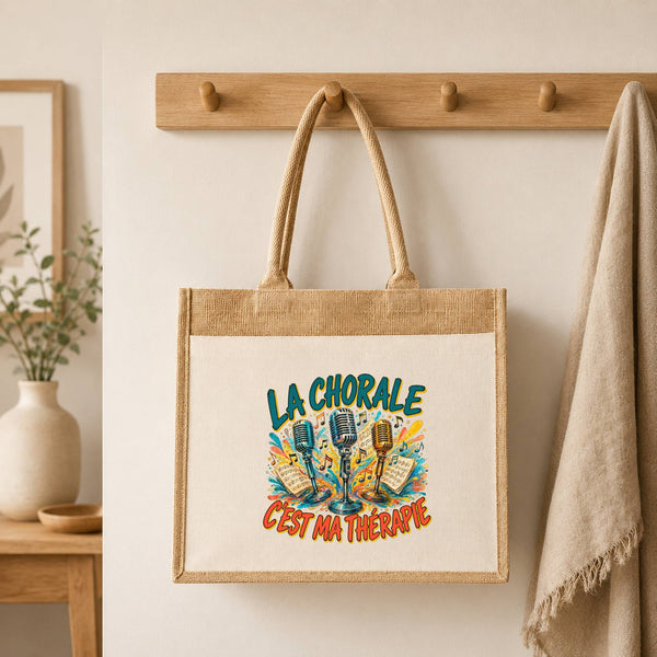 Sac Cabas Jute avec Poche La chorale c'est ma thérapie