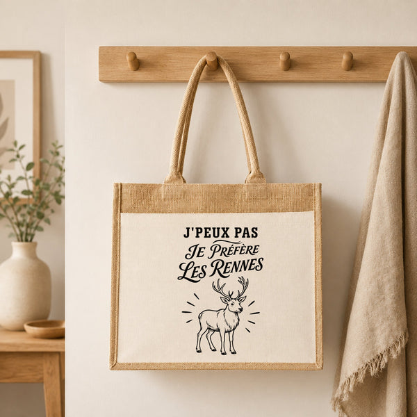 Sac Cabas Jute avec Poche J’peux pas je préfère les Rennes