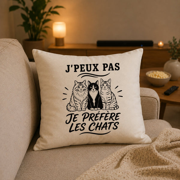 Housse de Coussin J’peux pas je préfère les Chats