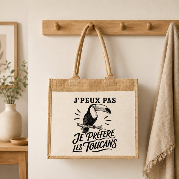 Sac Cabas Jute avec Poche J’peux pas je préfère les Toucans