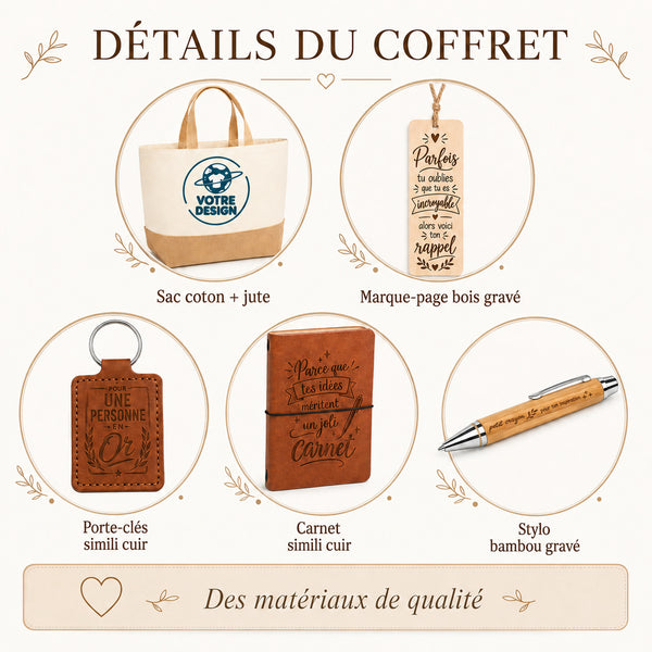 Coffret Cadeau J’peux pas je suis Prof d’histoire – Sac jute, carnet, stylo, porte-clés et marque-page