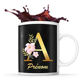 Mug Noir personnalisable Prénom Lettre Florale - Planetee