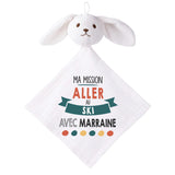 Doudou Bébé Lapin Ma Mission Ski avec Marraine Gaze de Coton Cadeau Baby Shower