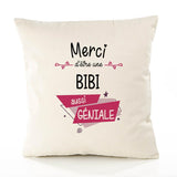Housse de Coussin Premium Merci Bibi Géniale - Coton Canvas Fairtrade Beige Idée Cadeau Décoration Canapé