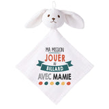 Doudou Bébé Lapin Ma Mission Billard avec Mamie Gaze de Coton Cadeau Baby Shower