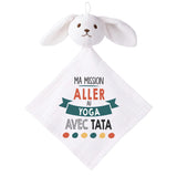 Doudou Bébé Lapin Ma Mission Yoga avec Tata Gaze de Coton Cadeau Baby Shower