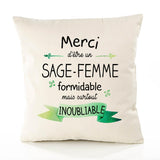 Housse de Coussin Premium Merci Sage-Femme Inoubliable - Coton Canvas Fairtrade Beige Idée Cadeau Décoration Canapé