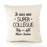 Housse de Coussin Premium Marie-Jeanne Une Super Collègue - Coton Canvas Fairtrade Beige Idée Cadeau Décoration Canapé