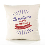 Housse de Coussin Premium Femme Agent Immobilier Meilleure Monde - Coton Canvas Fairtrade Beige Idée Cadeau Décoration Canapé