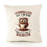 Housse de Coussin Premium La Handballeuse Chouette Grain - Coton Canvas Fairtrade Beige Idée Cadeau Décoration Canapé 40x40