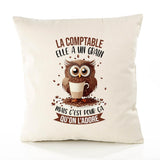 Housse de Coussin Premium La Comptable Chouette Grain - Coton Canvas Fairtrade Beige Idée Cadeau Décoration Canapé 40x40