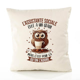 Housse de Coussin Premium L'Assistante Sociale Chouette Grain - Coton Canvas Fairtrade Beige Idée Cadeau Décoration Canapé 40x40
