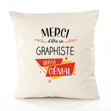 Housse de Coussin Premium Merci Graphiste Génial - Coton Canvas Fairtrade Beige Idée Cadeau Décoration Canapé