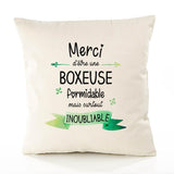 Housse de Coussin Premium Merci Boxeuse Inoubliable Femme - Coton Canvas Fairtrade Beige Idée Cadeau Décoration Canapé