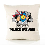 Housse de Coussin Premium Super Pilote d'avion - Coton Canvas Fairtrade Beige Idée Cadeau Décoration Canapé
