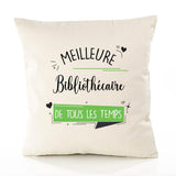 Housse de Coussin Premium Bibliothécaire Meilleure Temps Femme - Coton Canvas Fairtrade Beige Idée Cadeau Décoration Canapé