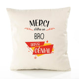 Housse de Coussin Premium Merci Bro Génial - Coton Canvas Fairtrade Beige Idée Cadeau Décoration Canapé